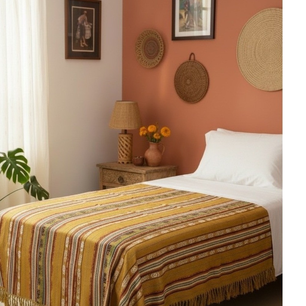 Alpaca Gold Fine Woven Wool Fringed Lightweight Twin Coverlet Bedspread 66"x100"